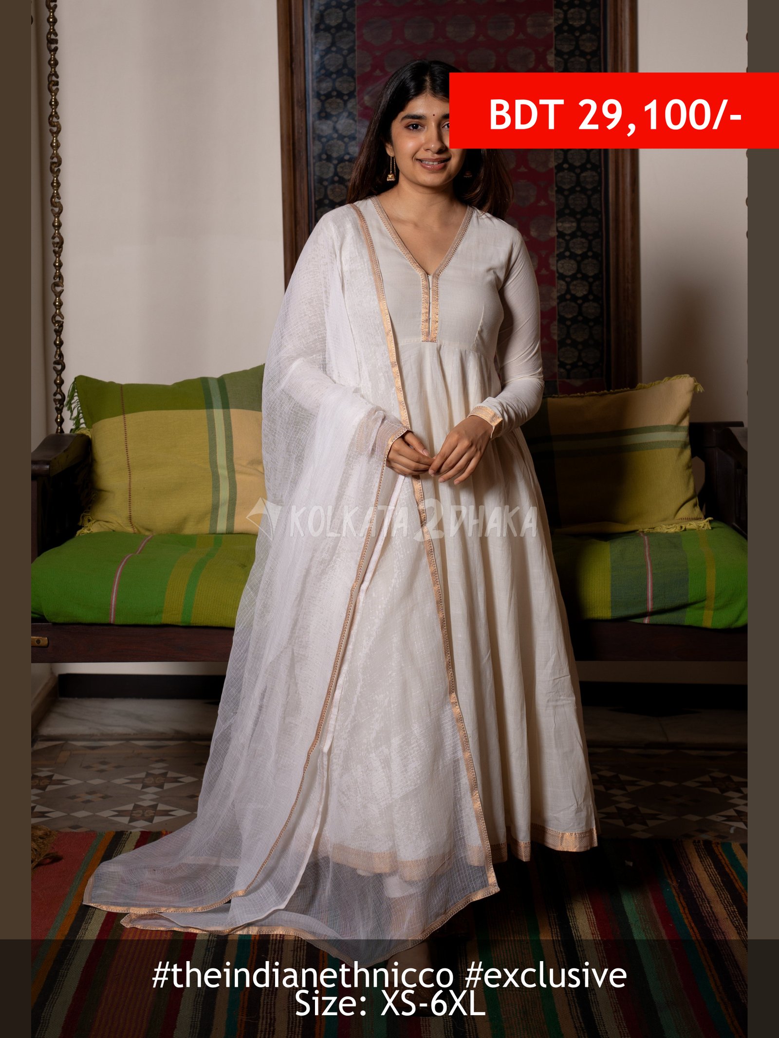 The Indian Ethnic Co Husna White Mangalgiri Cotton Kali Kurta