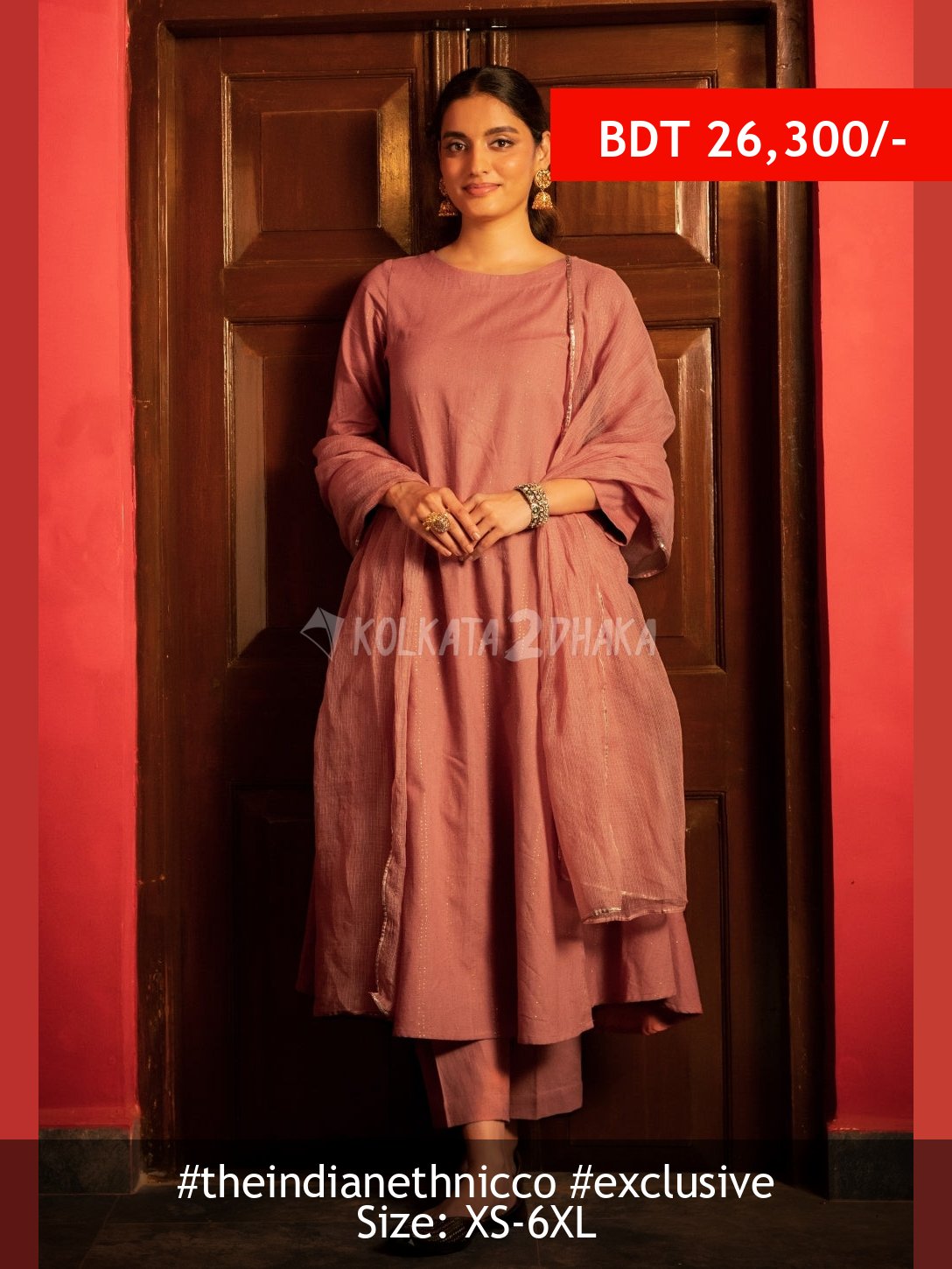 The Indian Ethnic Co Eram Pink Rogan Handblock Printed Cotton Kali Kurta Suit Set (Set of 3)