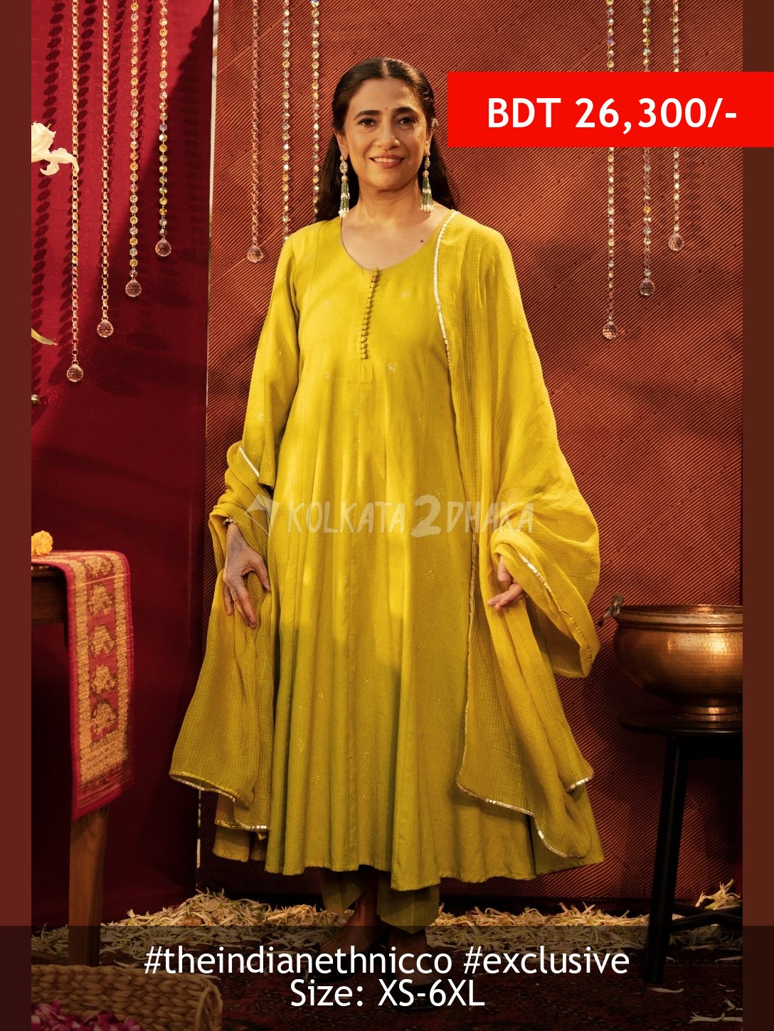 The Indian Ethnic Co Maryam Yellow Rogan Handblock Printed Cotton Kali Kurta Suit Set (Set of 3)