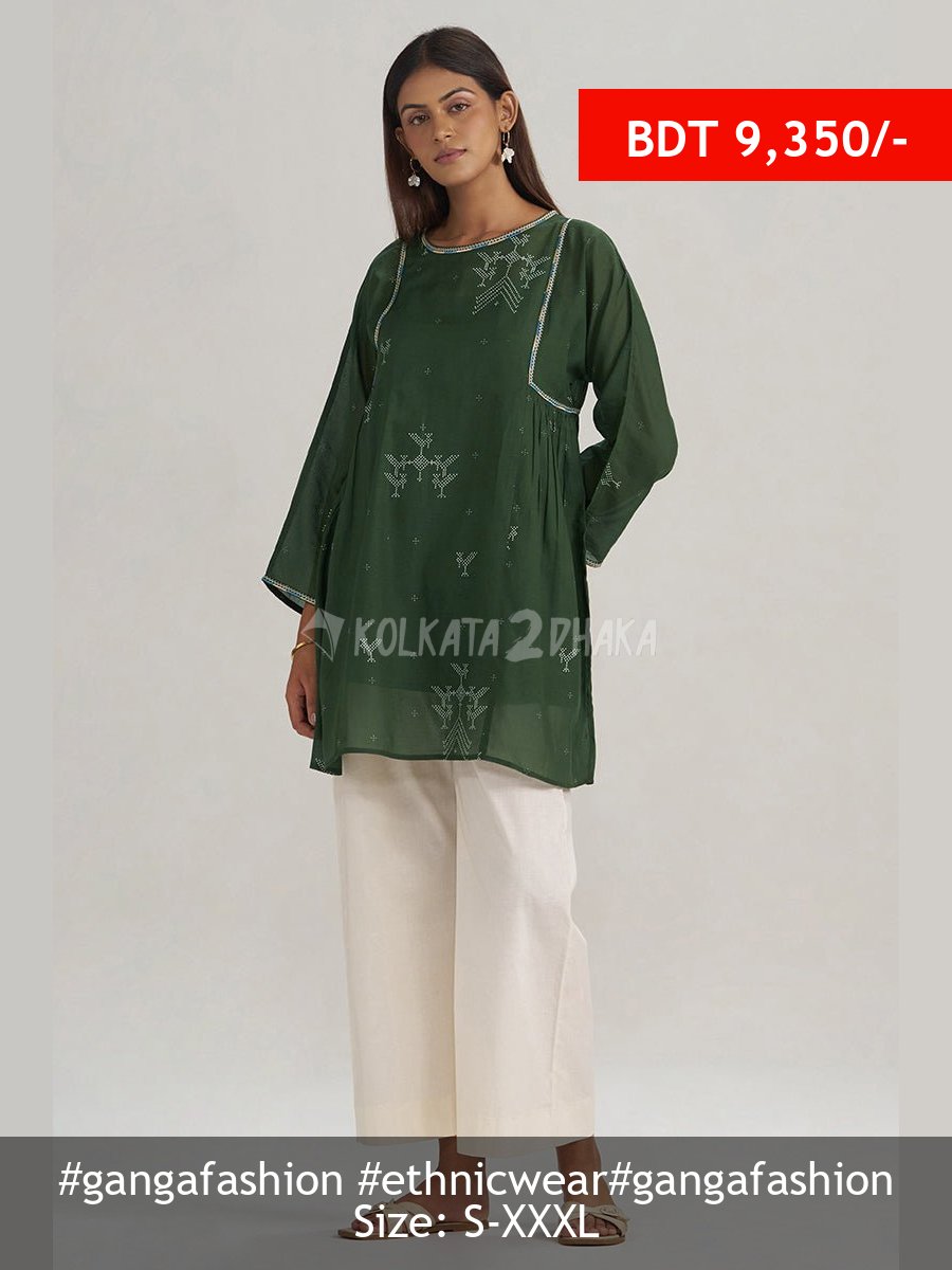 Ganga Fashion Mehndi Green Hand-Printed Mul-Mul Tunic